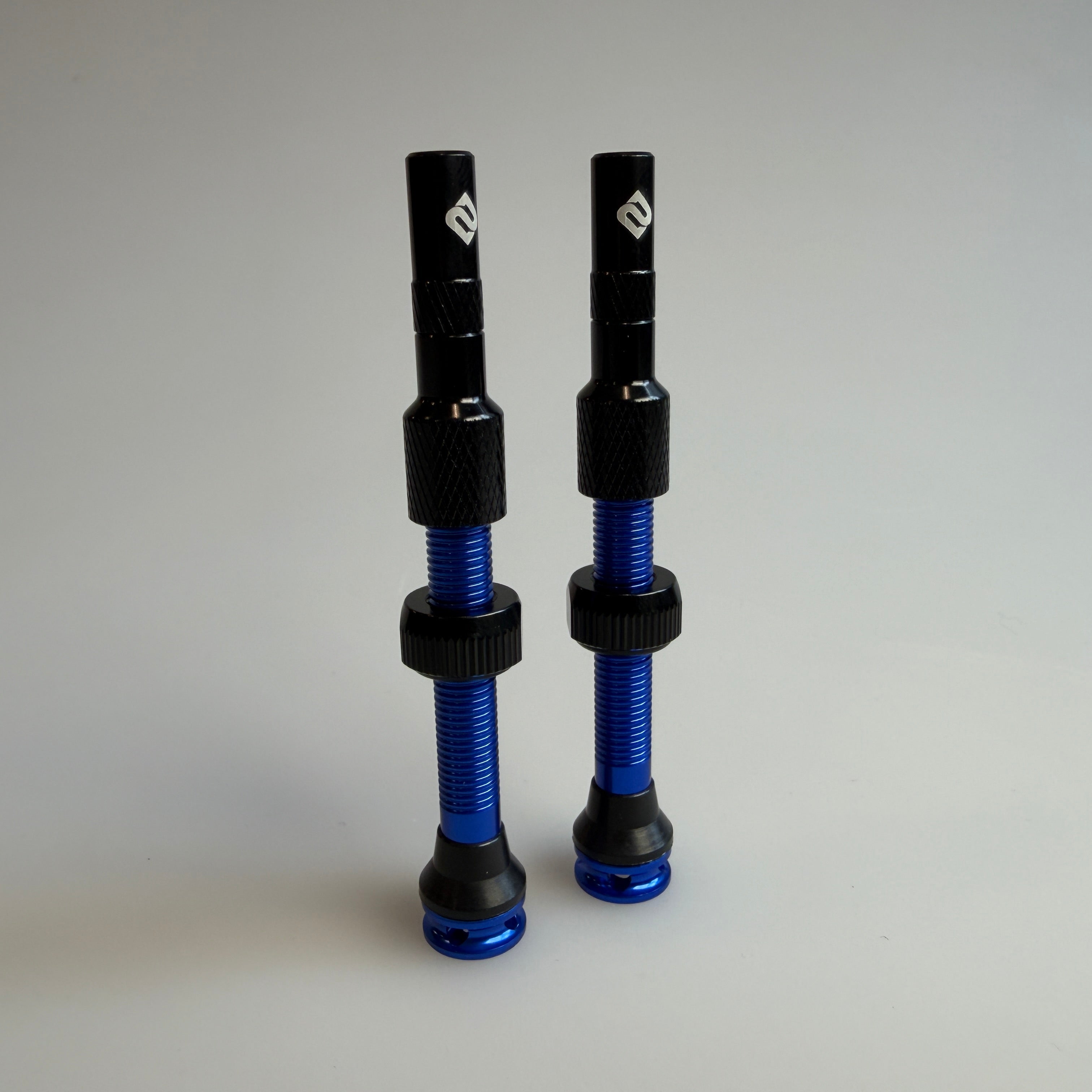 Two blue bicycle valve stems with black accents on a white background