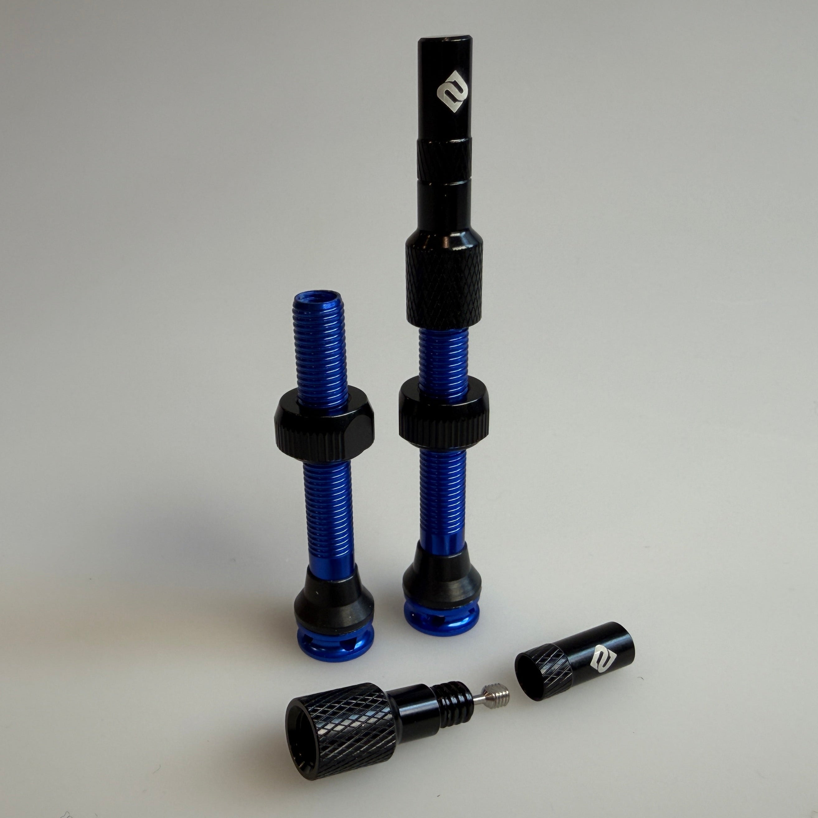 Bicycle valve stem caps with blue and black design on a gray background